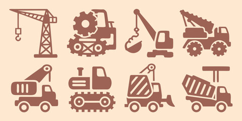 Construction equipment icons set including cranes excavators dump trucks and bulldozers in a flat style © RanjanKumar