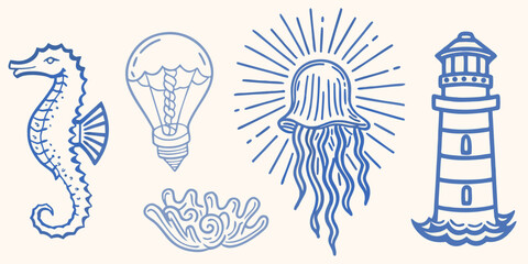Line drawing illustration of a seahorse jellyfish lighthouse and lightbulb with ocean waves high quality © RanjanKumar
