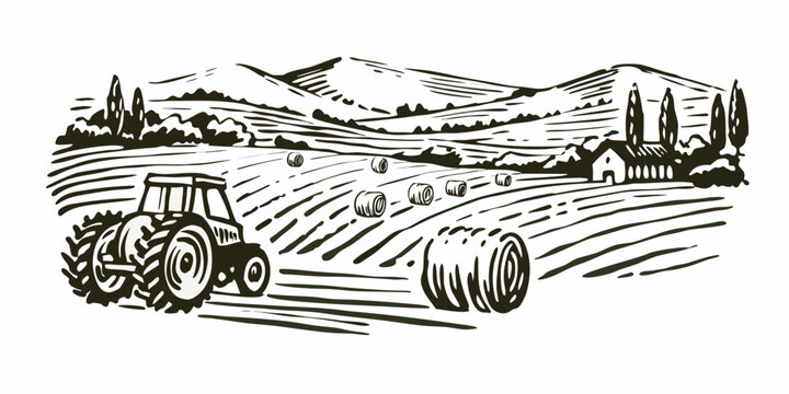Farm tractor pulling hay bales in a field monochrome sketch illustration on white background