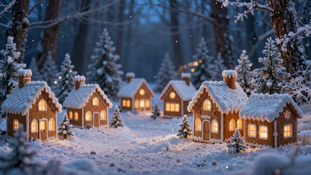 Magical Gingerbread Village in Snowy Winter Forest