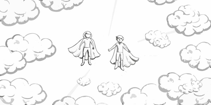 Two caped figures with outstretched arms against a cloudy radiant background sketch high quality professional