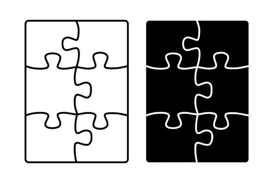 Cutting grid design for kids jigsaw puzzle. Jigsaw puzzle blank template. 6 pieces. Editable stroke weight. Vector illustration set.