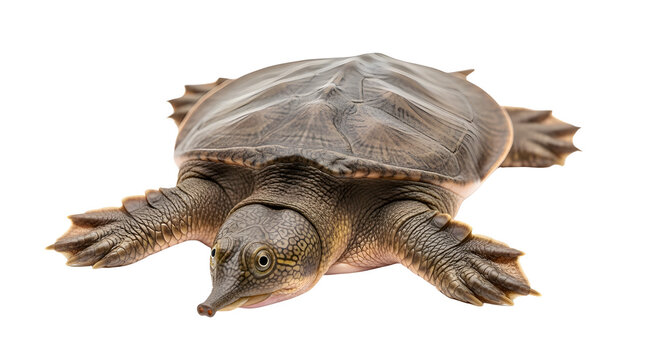 Softshell turtle with a distinctive long snout and textured leathery shell isolated on a plain white background viewed from a slightly elevated angle showing its unique anatomy and skin patterns