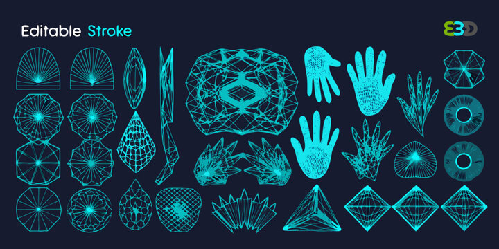 Collection of 3d wireframe geometric shapes and hands teal on dark blue background high quality