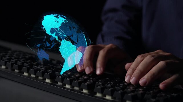 Global network connection visualization showing data exchange, digital link, worldwide communication. Global data flow and digital network infrastructure connecting regions around the world. Thunk