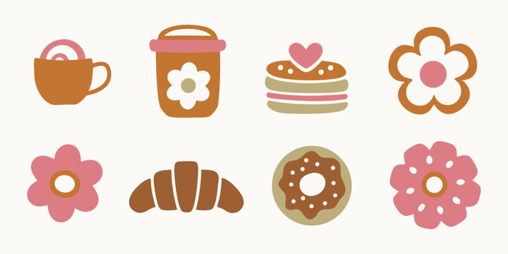 Stylized vector illustrations of coffee pastries and flowers in warm pastel tones high quality professional