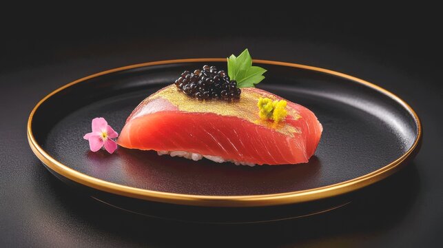 The epitome of luxury food photography. A single, perfect slice of otoro (fatty tuna) sashimi rests on a gold-rimmed black plate