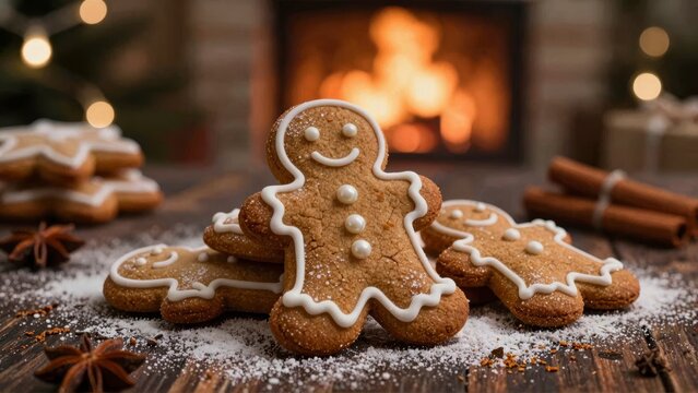 Christmas Gingerbread Cookies with Cozy Fireplace Background