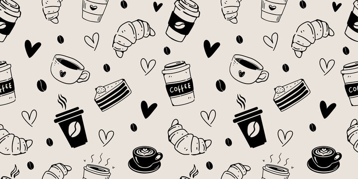 Cute Coffee Seamless Pattern Vector &ndash; Hand Drawn Coffee Cups, Croissant, Cake and Hearts Repeat Background for Cafe Branding, Fabric, Packaging and Wallpaper