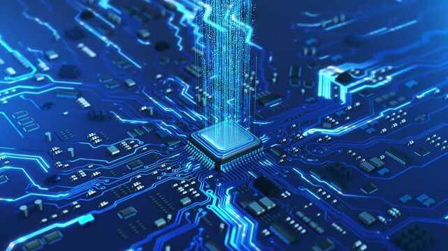 AI microchip embedded intricate blue circuit board, advanced artificial intelligence, futuristic computing, and digital innovation. Big data transmission connection background Machine learning design