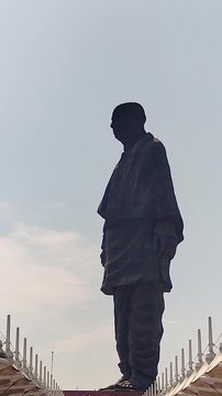 Zoom in shot of Statue of Unity featuring Sardar Patel in Gujarat, India. Ideal for heritage, nationalism, travel promotion, culture, and iconic landmark visuals.