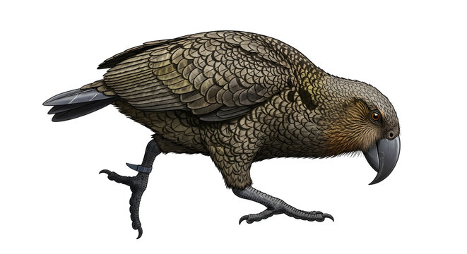 Detailed digital illustration of a kea bird standing in a side profile view showcasing its unique olive green feathers and sharp curved beak isolated against a clean white background area.