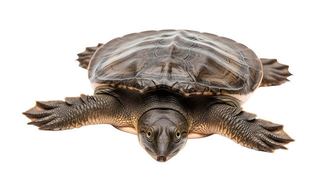 Spiny softshell turtle displaying its unique flat shell and webbed feet while looking forward against a clean white background in this detailed studio portrait of a fascinating aquatic reptile species