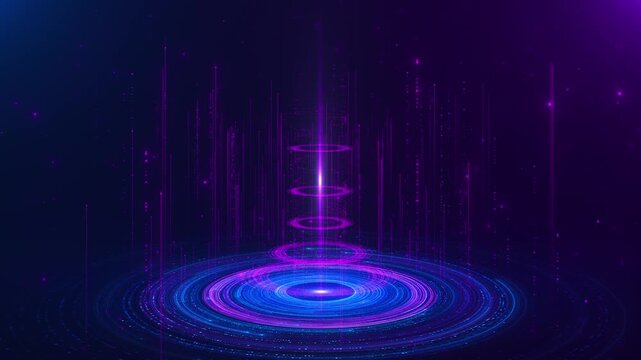 Purple digital portal platform with glowing rings, vertical light lines, and blue tech floor. Perfect for AI videos, virtual stage intros, cyber screens, software promos, data titles, and overlays.