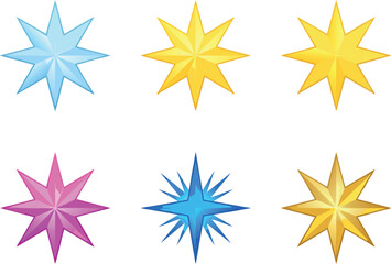 Obraz premium Collection of six vibrant glossy eight pointed stars in various colors including yellow blue and pink for festive decoration