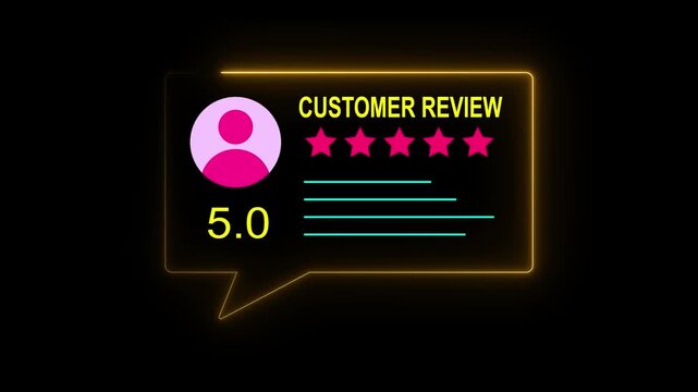 Neon Ratting five star icon animation. Glowing Customer satisfaction feedback 5 stare review icon motion. Top rating five star customer feedback icon 4k video footage.