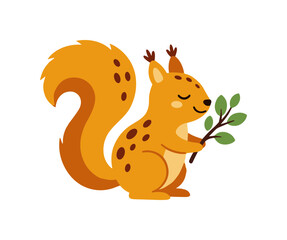 Fototapeta premium Cute Squirrel Character Holding a Green Leaf Branch, Adorable Forest Animal Mascot Vector Illustration Isolated on White Background for Nature Design