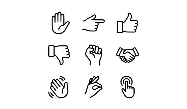 Hand gesture icons set vector editable line art no outline open stroke UI interaction symbols
