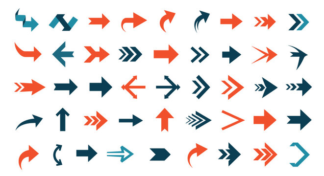 Diverse collection of arrow icons and symbols in blue and orange representing direction and movement on a white background.
