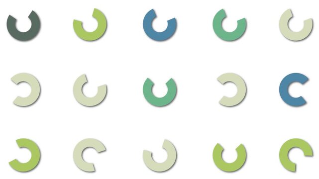 Animated illustration with circular geometric elements in random motion on a white background.
