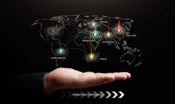 Hand holding digital world map with regional power centers, connection lines, and transition arrows. Fragmented multipolar world, power shift, geopolitical influence, international strategy concept.