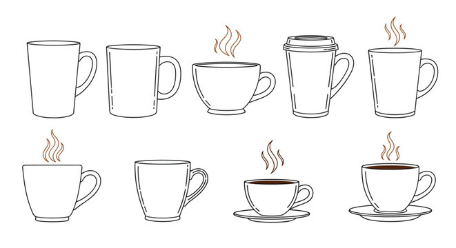 Assorted white coffee mugs and tea cups in different shapes and sizes some with steam and coffee inside on white.