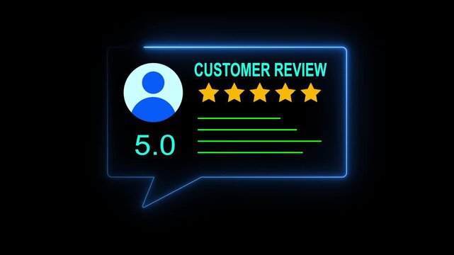 Neon Ratting five star icon animation. Glowing Customer satisfaction feedback 5 stare review icon motion. Top rating five star customer feedback icon 4k video footage.