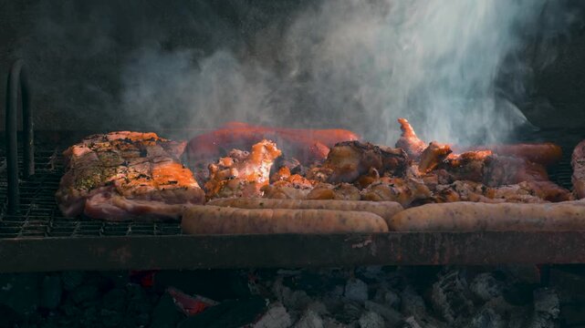 chilean Asado Grill Barbecue Meat Charcoal Fire Outdoor Cooking Family Gathering Traditional Cuisine