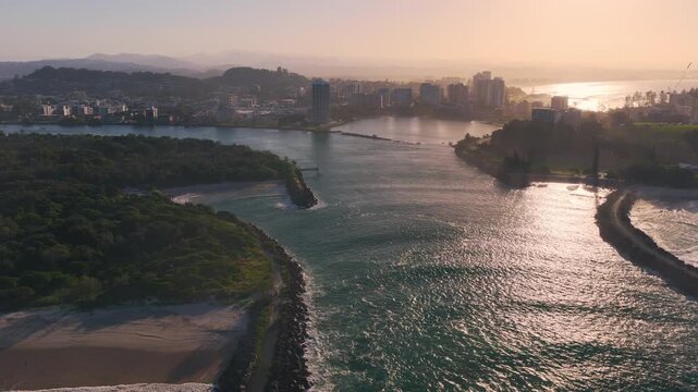 Tweed River And Marlo&rsquo;s Beach At Sunset In Fingal Head, New South Wales, Australia - Drone Shot