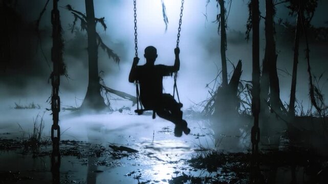 Silhouette of a person on a swing in a foggy, dark forest