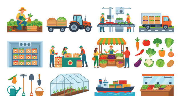 Agricultural Abundance: A comprehensive collection of agricultural elements, including farmers, tractors, harvesting, storage, transportation, and produce markets.
