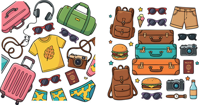 Colorful hand drawn flat vector collection of travel essentials including luggage clothing cameras and summer vacation accessories