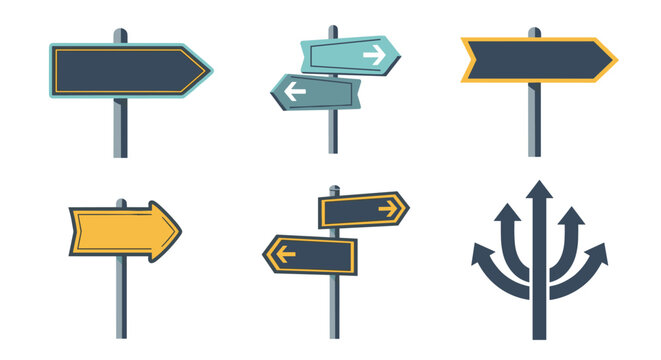 Set of various directional signposts and arrows in blue and yellow colors designed for navigation and wayfinding guidance.