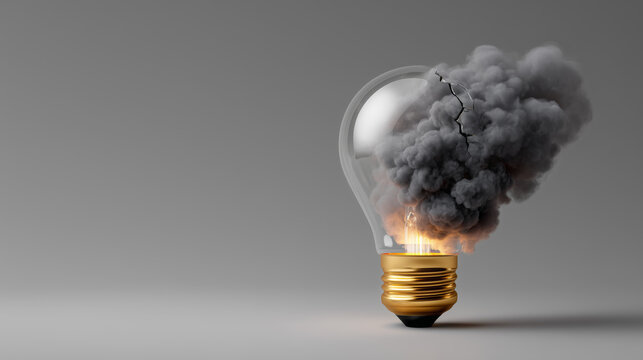 Broken light bulb with smoke and sparks representing failures and creative ideas lost in the process of innovation and discovery