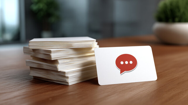 Stack of blank business cards with single card featuring red speech bubble icon, modern office setting, professional branding concept
