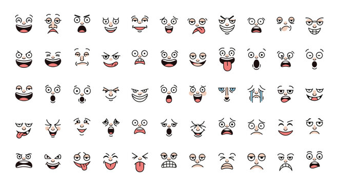 Large grid of cartoon faces with a huge variety of exaggerated facial expressions and mouth shapes for character design.