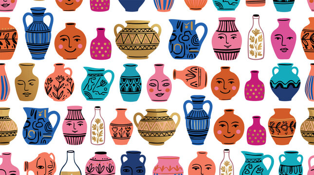 Colorful seamless pattern featuring hand drawn ceramic vases amphorae and pottery with whimsical faces and ancient Greek motifs