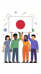 A cheerful group of Japanese people holding the national flag together in this flat vector illustration representing unity, pride, and cultural harmony in Japan.