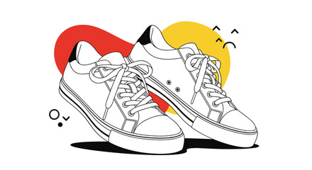 Fototapeta premium Pair of classic white sneakers with black accents shown in a dynamic pose against abstract red and yellow shapes for fashion and footwear.