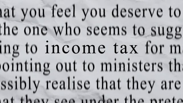 INCOME TAX Text in Centre with High-energy Fast Text Stop-Motion Writing Cycling Rapidly on Crinkled Texture Paper. Newspaper Cuttings Style animation.