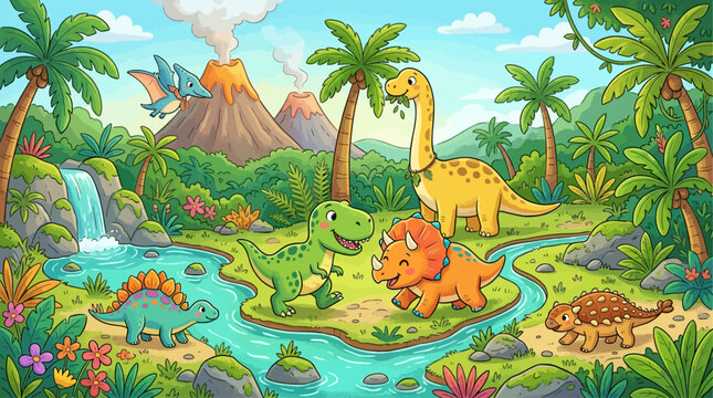 Prehistoric dinosaur world with volcanoes and palm trees