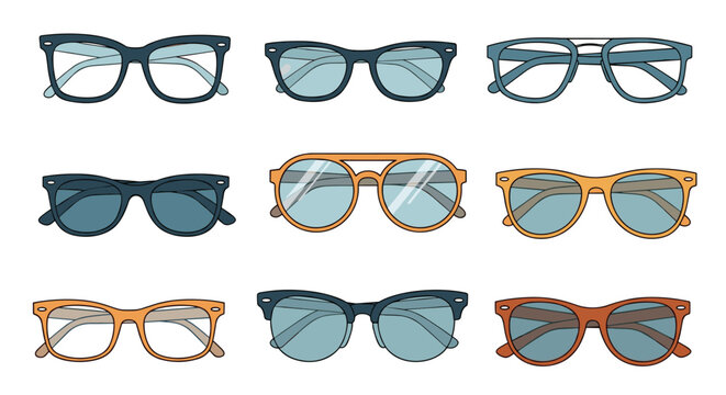 Comprehensive collection of eyeglasses and sunglasses in various frame styles and lens colors arranged in a neat grid pattern.