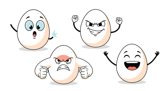 Four white egg characters portraying strong emotions such as anger surprise and joy with expressive faces and arms on a white background.
