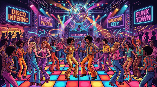 vibrant 70s retro disco party with diverse dancers under neon lights and mirror ball