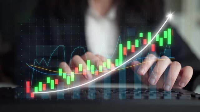 A business professional focuses on stock chart analysis with vibrant color data visualization. The image showcases finance trends and growth in a modern office setting. Copula