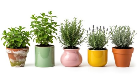 Fototapeta premium Five different culinary herbs grow in various colorful pots arranged in a row against a white background.