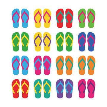 Vibrant flip flop sandals arranged in a grid pattern on a white background summer vacation concept