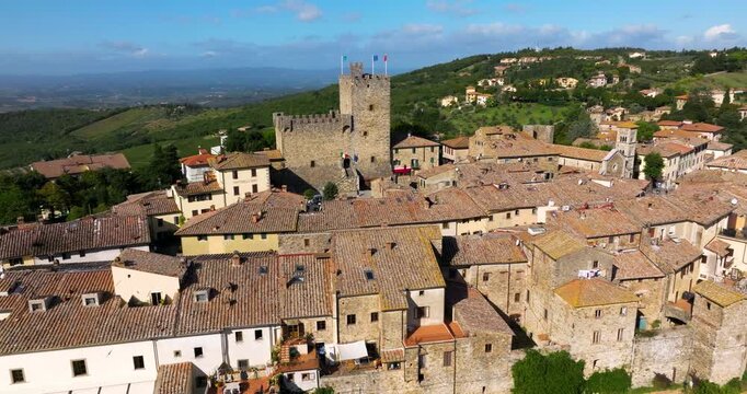 Rocca di Castellina Restored Historic Fortress In The Center Of Castellina In Chianti, Italy. Aerial Rotate Shot