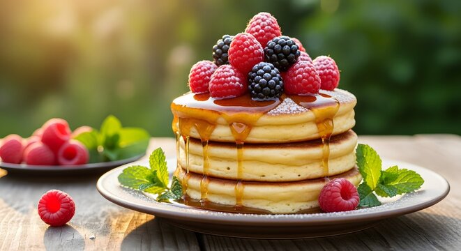 Stack of three pancakes topped with raspberries and blackberries and syrup on a white plate