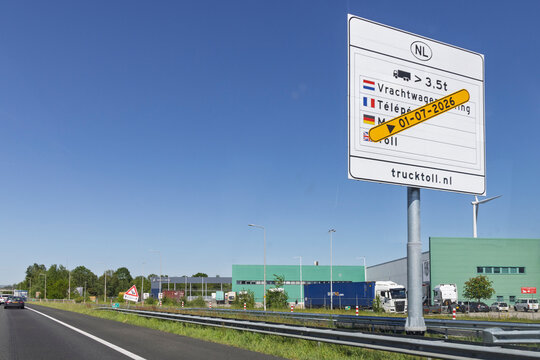 May 01 2026. Roadside sign in the Netherlands announcing the new truck toll (vrachtwagenheffing) starting July 1, 2026, for vehicles over 3.5 tons.